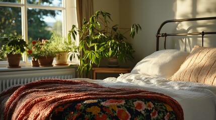 Bedroom with a bed in the center. the bed has a white comforter and two orange throw pillows. on the left side of the bed, there is a window with a view of trees and greenery outside.