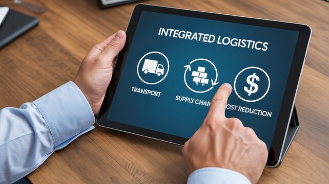 A digital tablet displaying integrated logistics concepts.