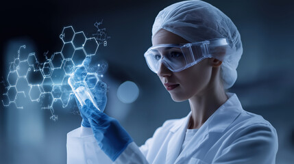 Scientist in lab coat and protective gear examines glowing digital molecular structure, symbolizing advanced medical research and technology
