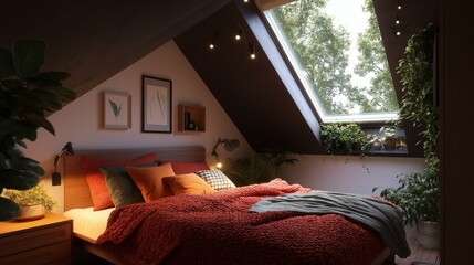 Bedroom with a large window on the right side of the room. the window has a skylight that allows natural light to enter the room, creating a bright and airy atmosphere.