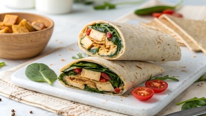vegan high protein dish concept Fresh vegetable wrap with tofu, served with cherry tomatoes and greens on a white cutting board.