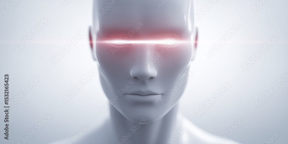 Poster futuristic humanoid robot with illuminated eyes, featuring a sleek modern design and smooth metallic