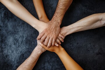 Teamwork concept with diverse hands joining together, symbolizing unity, cooperation, and collaboration --