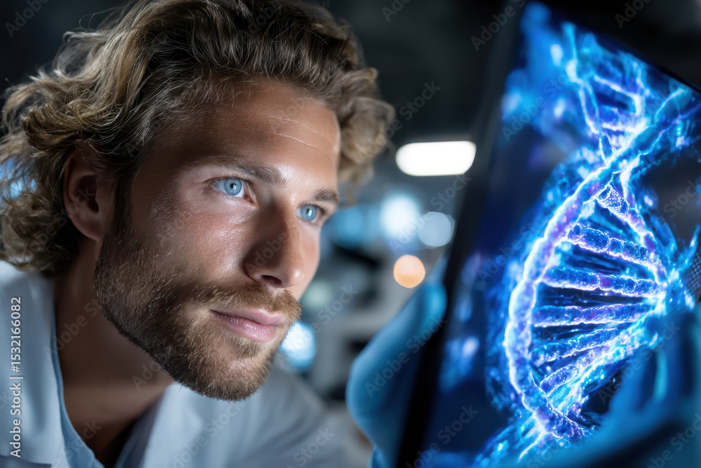 Poster scientist examines glowing dna structure with advanced technology in a modern lab