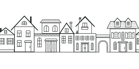 Small town street drawn with contour black lines, transparent seamless vector pattern, wallpaper print, packaging design