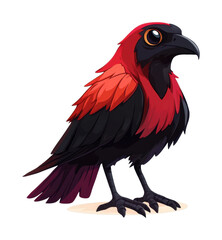 Fototapeta premium Cartoon black and red bird with large beak and colorful plumage