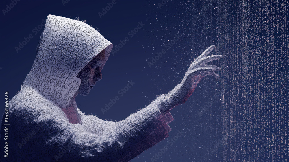 Poster figure in textured hooded garment reaches towards digital rain of data, symbolizing intersection of 