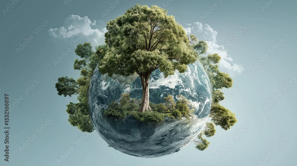 Poster tree grows on small, spherical planet, symbolizing harmony between nature and earth. scene evokes se