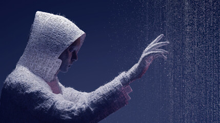 Figure in textured hooded garment reaches towards digital rain of data, symbolizing intersection of technology and human interaction. scene is futuristic and thought provoking