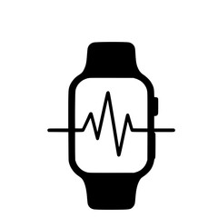 Smartwatch with Heartbeat Monitor Icon, Black and white icon of a smartwatch displaying a heartbeat line, symbolizing health tracking and fitness technology.

