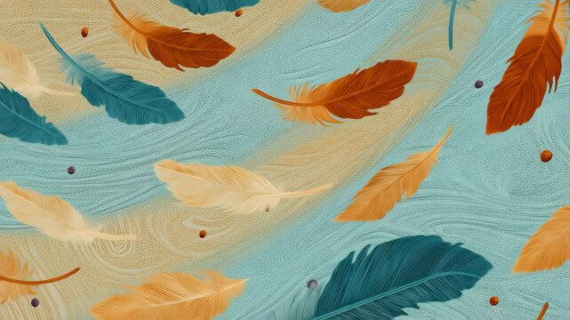 Soft feathers in warm tones float over a blue textured background. Ideal for relaxing themes, boho design, nature concepts, or meditation visuals.

