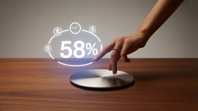A hand interacts with a holographic display showing 58%. - Powered by Adobe