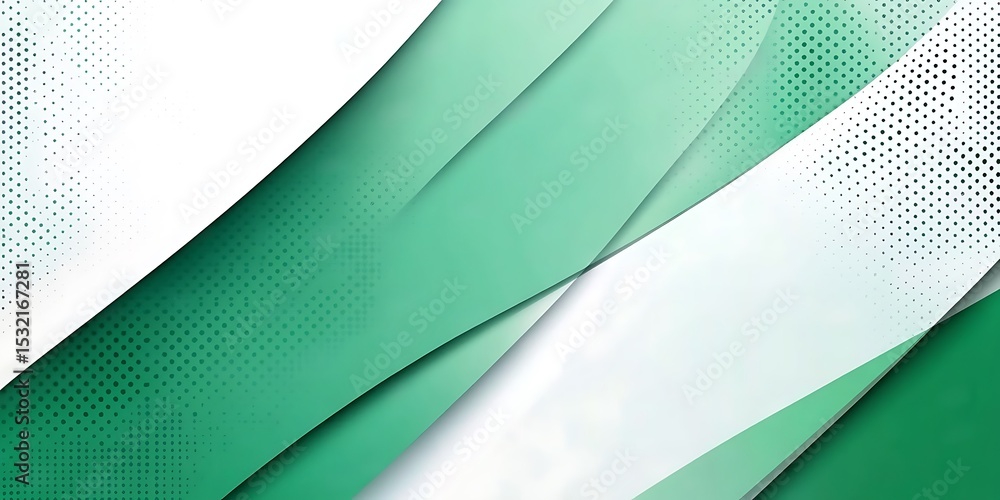 Poster 3d green white geometric abstract background overlap layer on bright space with halftone decoration.