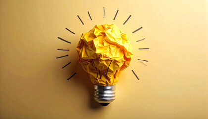 A crumpled yellow light bulb symbolizes creativity and ideas against a subtle yellow backdrop, highlighting innovation and inspiration