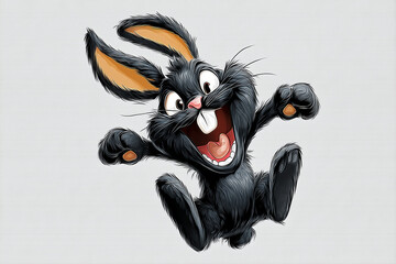 a cheerful cartoon bunny with a black coat, playfully jumping with wide-open eyes and a big smile. Perfect for children’s content and seasonal designs