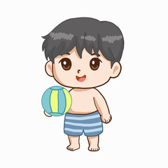 Cute Cartoon Boy Holding Colorful Beach Ball in Swimwear