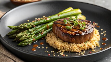 vegan high protein dish modern restaurant style concept Delicious steak served with asparagus and quinoa on a stylish black plate.