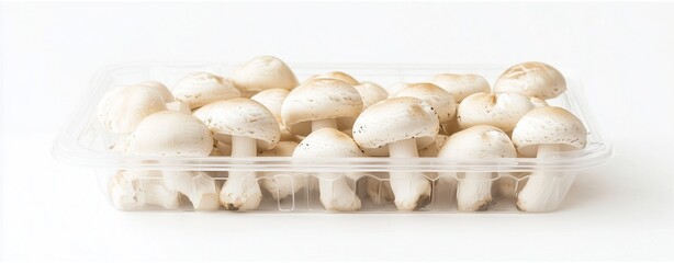 Champignon Mushrooms in a clear container: A close-up shot highlights a vibrant and healthy collection of raw champignons in a transparent container, arranged in a visually appealing manner.