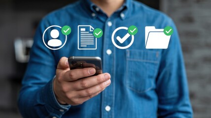 Person holding a smartphone displaying verified documents.