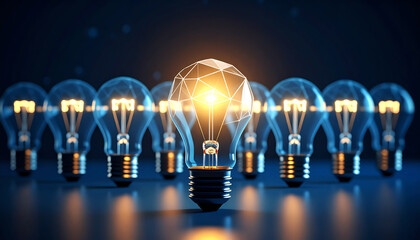 A glowing light bulb stands out among a row of identical bulbs, symbolizing innovation and creativity in a dark setting