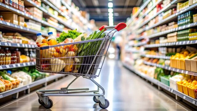 Full Shopping Cart In Grocery Aisles