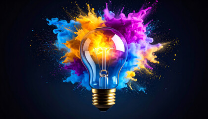 A vibrant light bulb surrounded by colorful splashes of paint, symbolizing creativity and innovation against a dark background