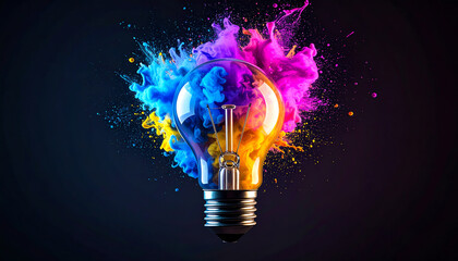 A vibrant light bulb bursts with colorful splashes of blue, purple, and yellow against a dark background, symbolizing creativity and innovation