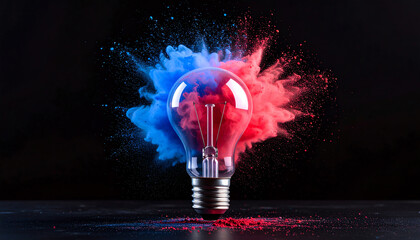 A light bulb surrounded by vibrant blue and red powder bursts, symbolizing creativity and innovation against a dark background