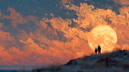 Heartwarming Moment Between Father and Child Under Full Moon and Colorful Sky