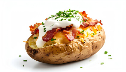 A loaded baked potato topped with bacon, sour cream, and chives, garnished with fresh herbs, presented on a clean white background