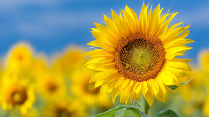 Fototapeta premium Bright Yellow Sunflower Blooming in Sunny Field Under Blue Sky