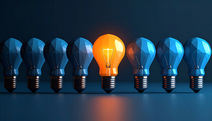 A row of blue light bulbs, with one glowing orange, symbolizes creativity and innovation against a dark background