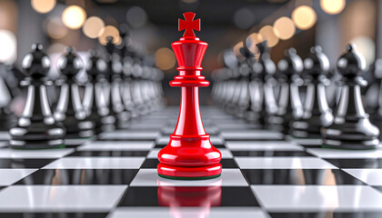 A striking image of a red king chess piece surrounded by black pawns on a checkerboard, symbolizing strategy and competition in the game of chess