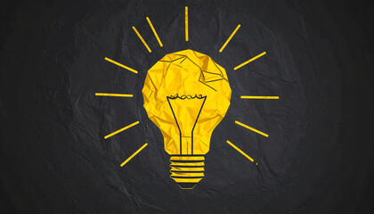A bright, crumpled yellow light bulb with rays radiating from it, symbolizing creativity and innovative ideas against a textured black background