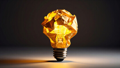 A creatively designed light bulb with a crumpled, paper-like appearance, emitting a warm glow, highlighting innovation and artistic expression