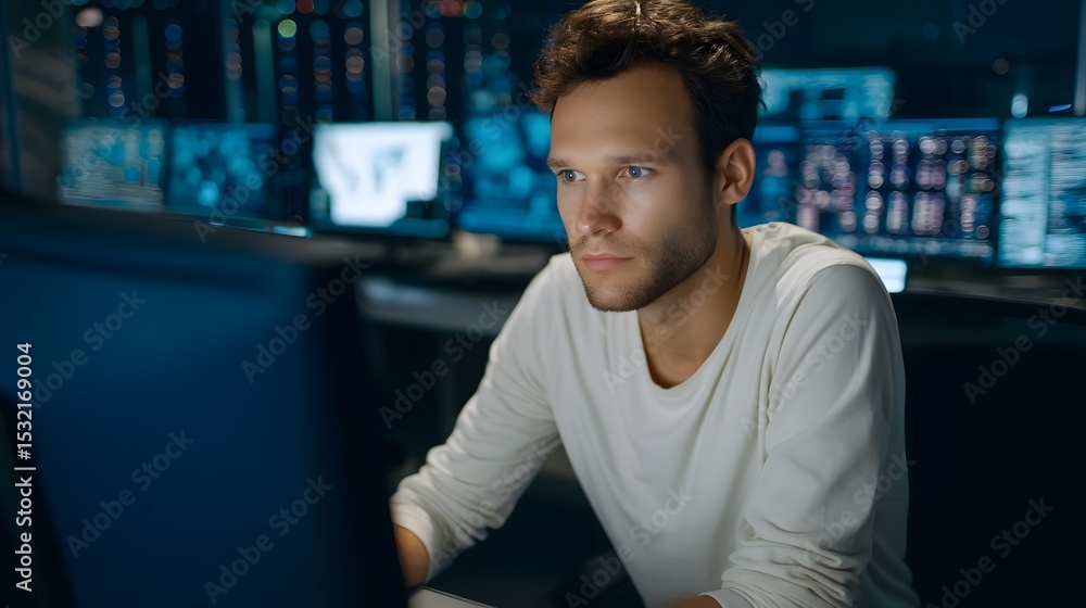 Poster a focused cybersecurity specialist engrossed in coding and analysis