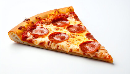 A delicious slice of pepperoni pizza showcasing melted cheese and crispy crust against a plain white background