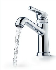 Water Flow: A close-up view of a modern, chrome faucet, with a stream of fresh, clear water flowing smoothly, illustrating efficient plumbing and hygiene.