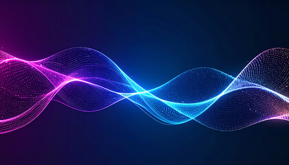 Vibrant waves of blue and pink light create a dynamic visual effect against a dark background, illustrating movement and energy in a digital style