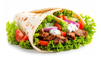 Fresh wraps filled with lettuce, tomatoes, cucumbers, onions, and savory meat, served in soft flatbreads