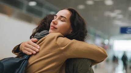 Emotional farewell embrace between friends at the airport