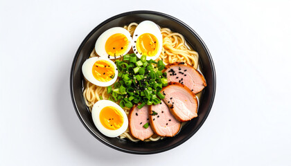 Delicious bowl of ramen featuring soft-boiled eggs, sliced pork, green onions, and noodles, all garnished with sesame seeds. A flavorful and hearty meal