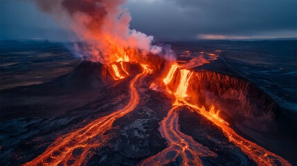 Volcanic eruption with flowing lava and smoke during twilight