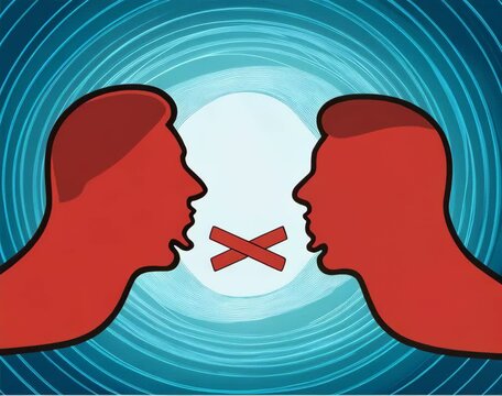 Silenced Communication: An artistic portrayal of the suppression of dialogue, symbolized by two figures facing each other, their voices silenced with a graphic representation