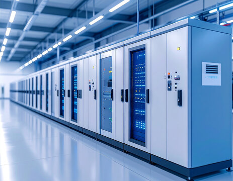 Data Center Equipment: An indoor perspective of a data center, highlighting a series of advanced technological cabinets containing various servers and networking hardware. - Powered by Adobe