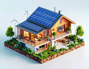 Eco-Friendly Home with Solar Panels: A modern home with solar panels and wind turbines represents sustainable living and renewable energy for a better environment future.