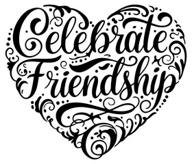 Celebrate Friendship heart design with decorative swirls and flourishes. Stylish graphic design with no people or objects in a simple. elegant heart shape on a white background.