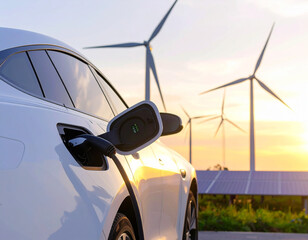 Eco-Friendly EV Power: A sleek, modern electric vehicle charges up with a renewable energy source, symbolized by wind turbines and solar panels, heralding a greener, more sustainable future.