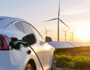 Electric Vehicle Charging in Renewable Landscape: A sleek, modern electric vehicle charges in a sustainable landscape, featuring wind turbines and solar panels.