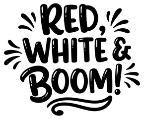 Red. White & Boom graphic design. no demographic details in clothing/setting. Display of words with decorative flourishes in a blank background.